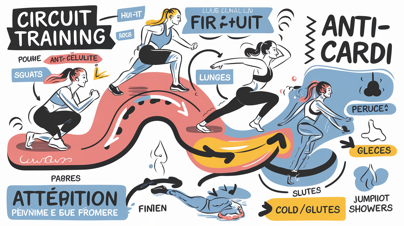 Schéma : circuit training anti-cellulite, HIIT, cardio, chaud-froid