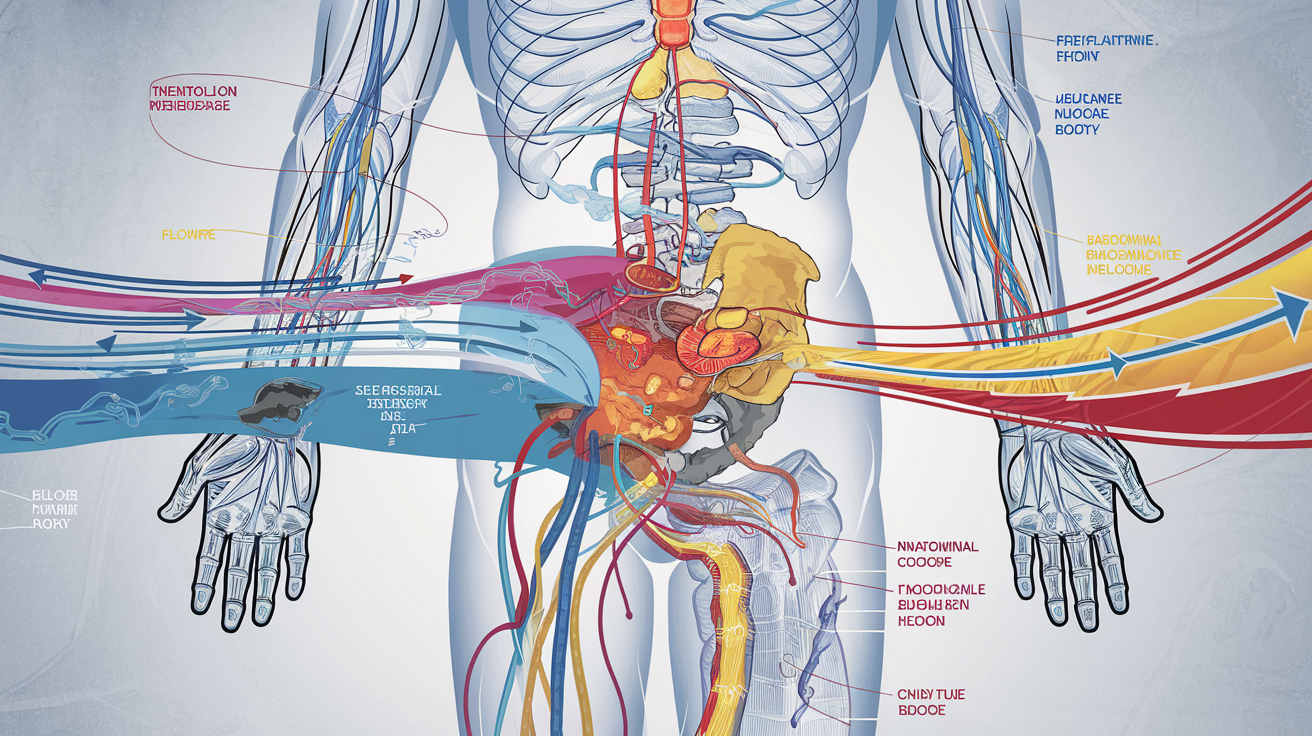 Schéma dynamique montrant la circulation du Qi et du sang depuis l'abdomen
