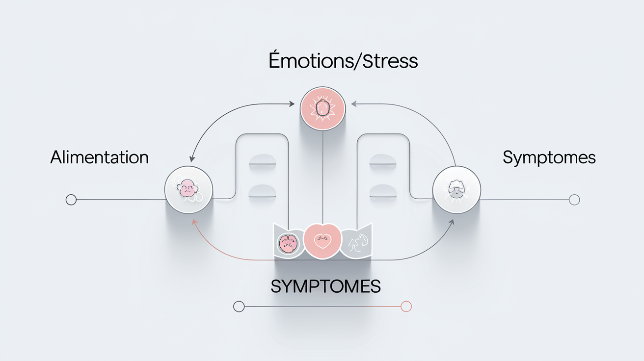 Infographie schéma conceptuel Alimentation – Émotions/Stress – Symptômes