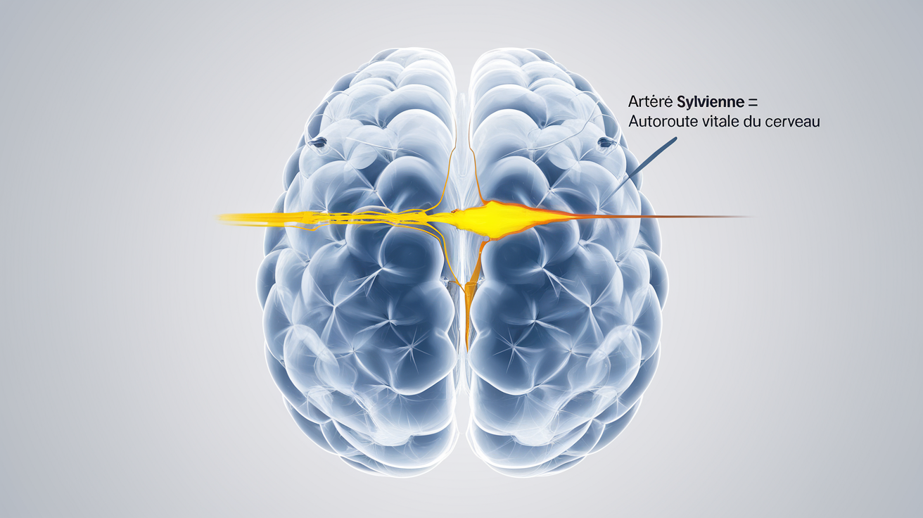 Schéma simplifié montrant l'artère sylvienne comme autoroute vitale du cerveau
