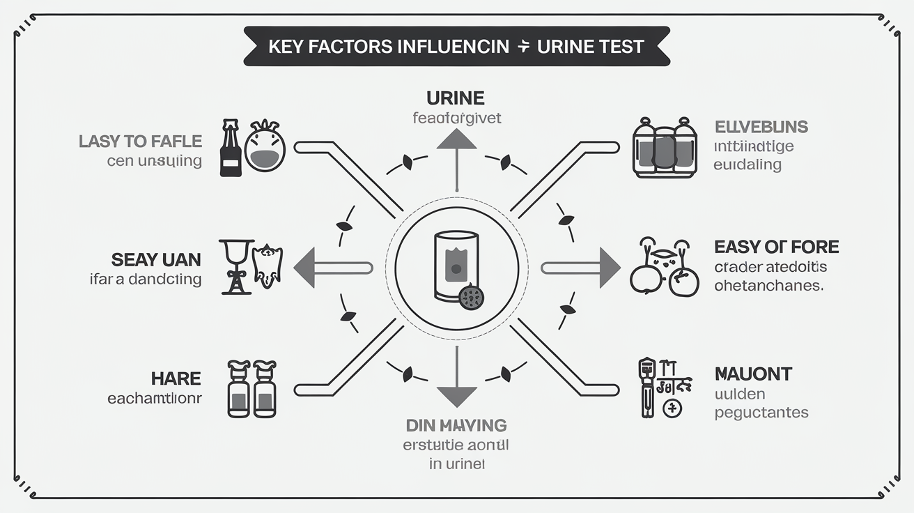 Schéma illustratif représentant les facteurs qui influencent la durée de détection de l'alcool dans l'urine : quantité consommée, métabolisme individuel (âge, sexe, poids, enzymes), hydratation, santé du foie et des reins, fréquence de consommation.