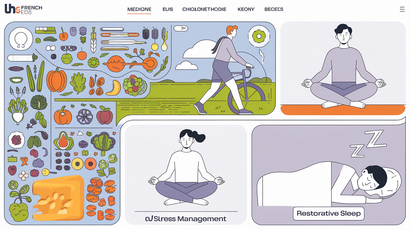 Schéma : gestion globale du cholestérol avec alimentation variée, activité physique, gestion du stress, sommeil et portions modérées de fromage.