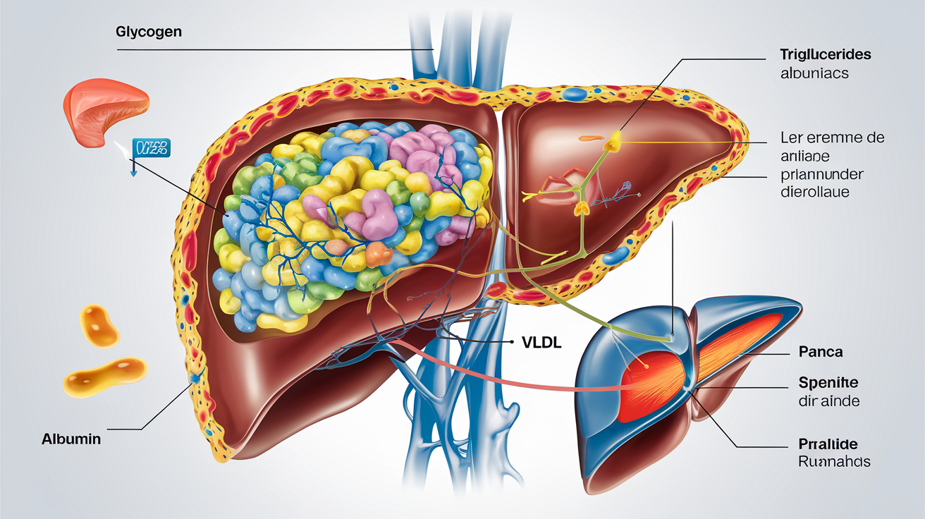 Schéma du métabolisme hépatique : glycogène, triglycérides, albumine et VLDL
