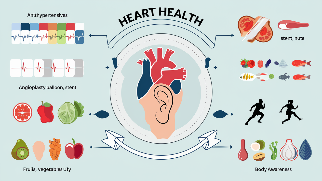 Schéma santé cardiaque : médicaments, interventions, alimentation, écoute du corps