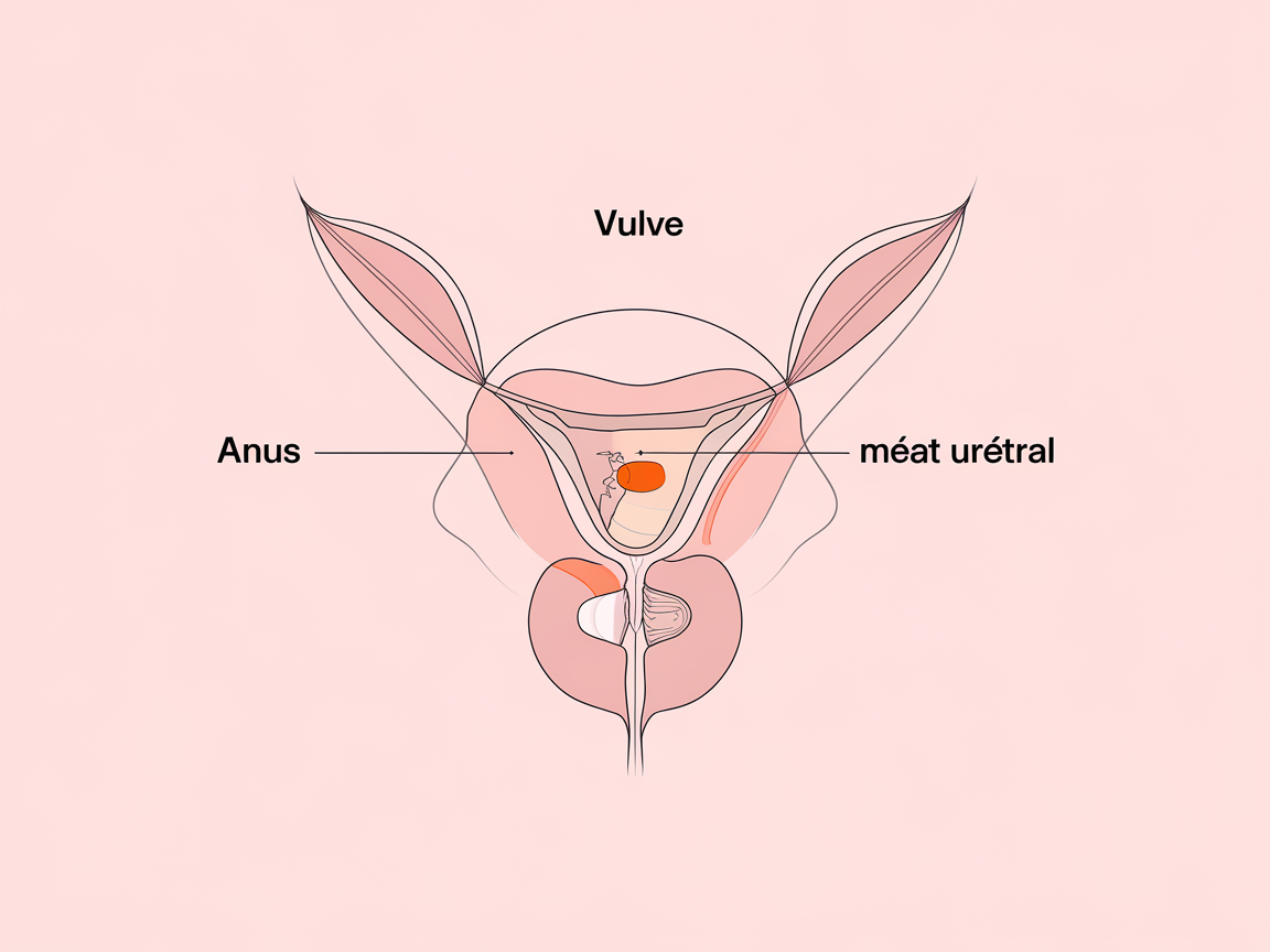 Schéma montrant la proximité entre l'anus, la vulve et le méat urétral chez la femme