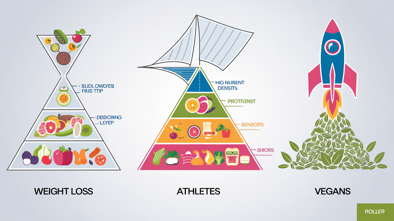 Pyramides alimentaires adaptées aux profils perte de poids, sportif, senior et vegan