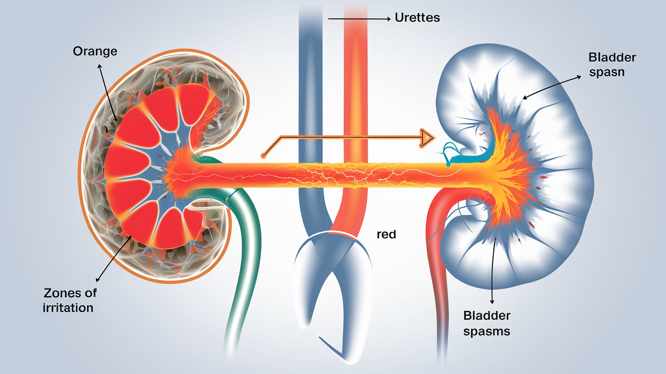 Illustration des zones d'irritation et des voies inflammatoires causées par la sonde JJ