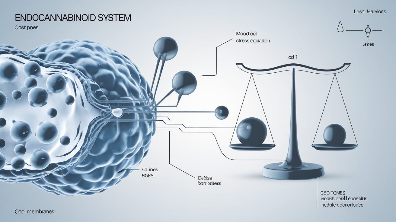 Schéma vulgarisé du système endocannabinoïde illustrant récepteurs CB1/CB2 et action modulatrice du CBD