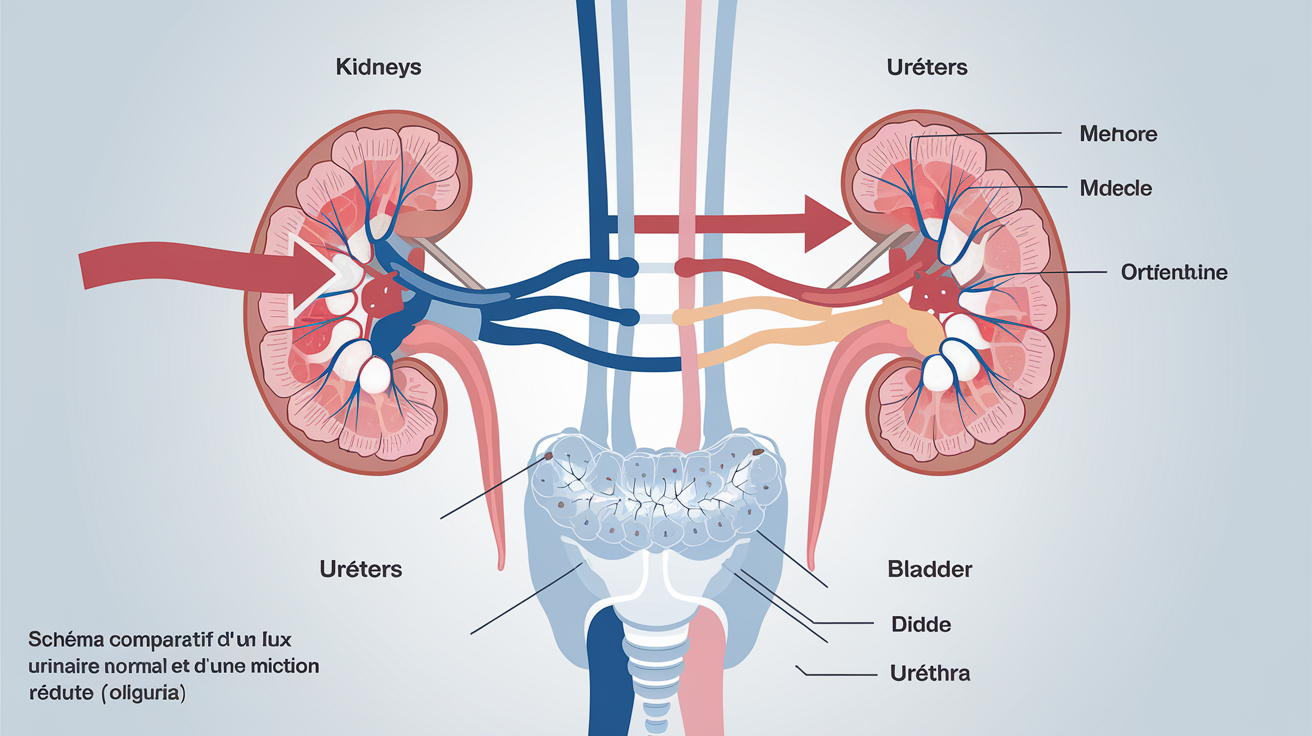 Schéma comparatif entre un flux urinaire normal et une miction réduite (oligurie).