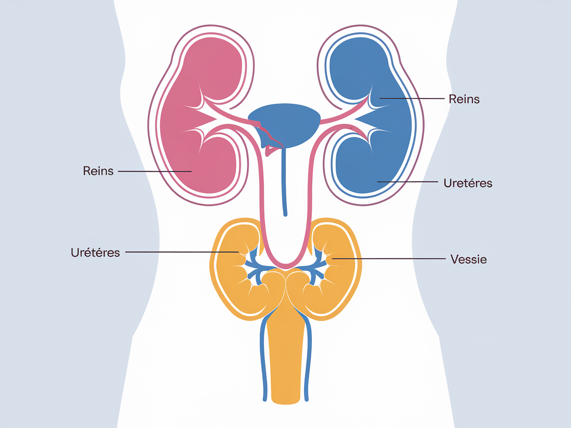 Schéma du système urinaire : reins, uretères et vessie