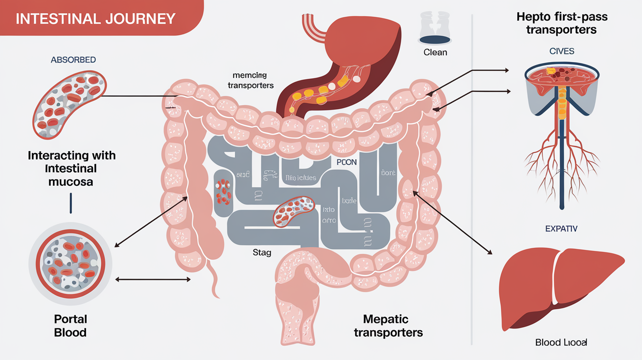 Schéma expliquant l'absorption intestinale et la biodisponibilité des compléments alimentaires