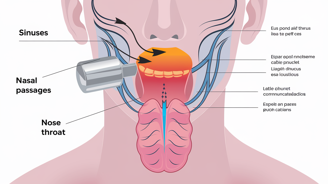 schéma des sinusites, gorge, mucus et goût amer avec abaisse-langue