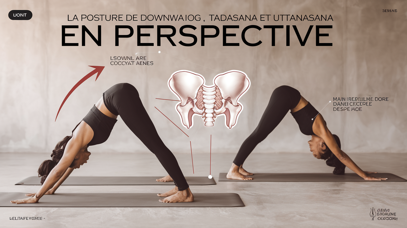 Postures de yoga illustrant l'antéversion : chien tête en bas, tadasana, uttanasana