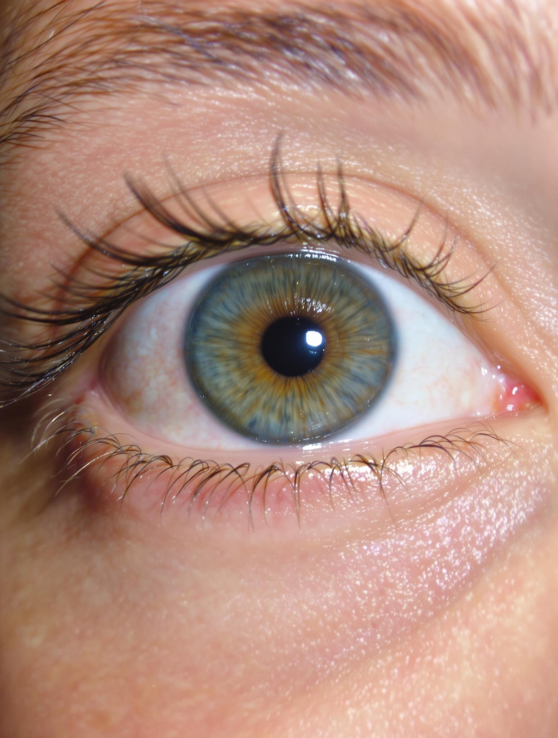 Vue frontale illustrant l’excès de blanc visible sous l’iris après blépharoplastie compliquée