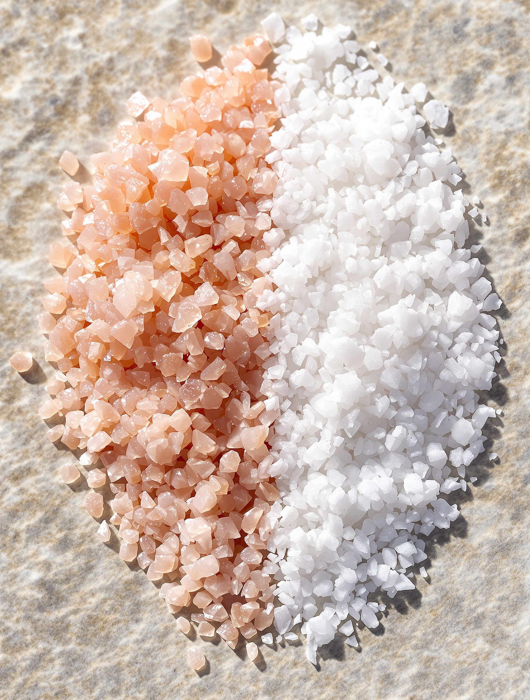 Cristaux bruts de sel rose Himalaya vs sel marin traditionnel. Critique visuelle.