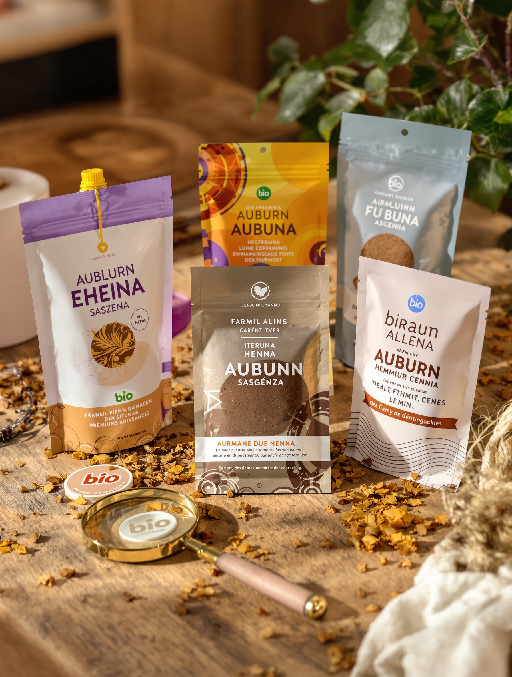 Sachets henné auburn bio comparatif qualité sur table bois