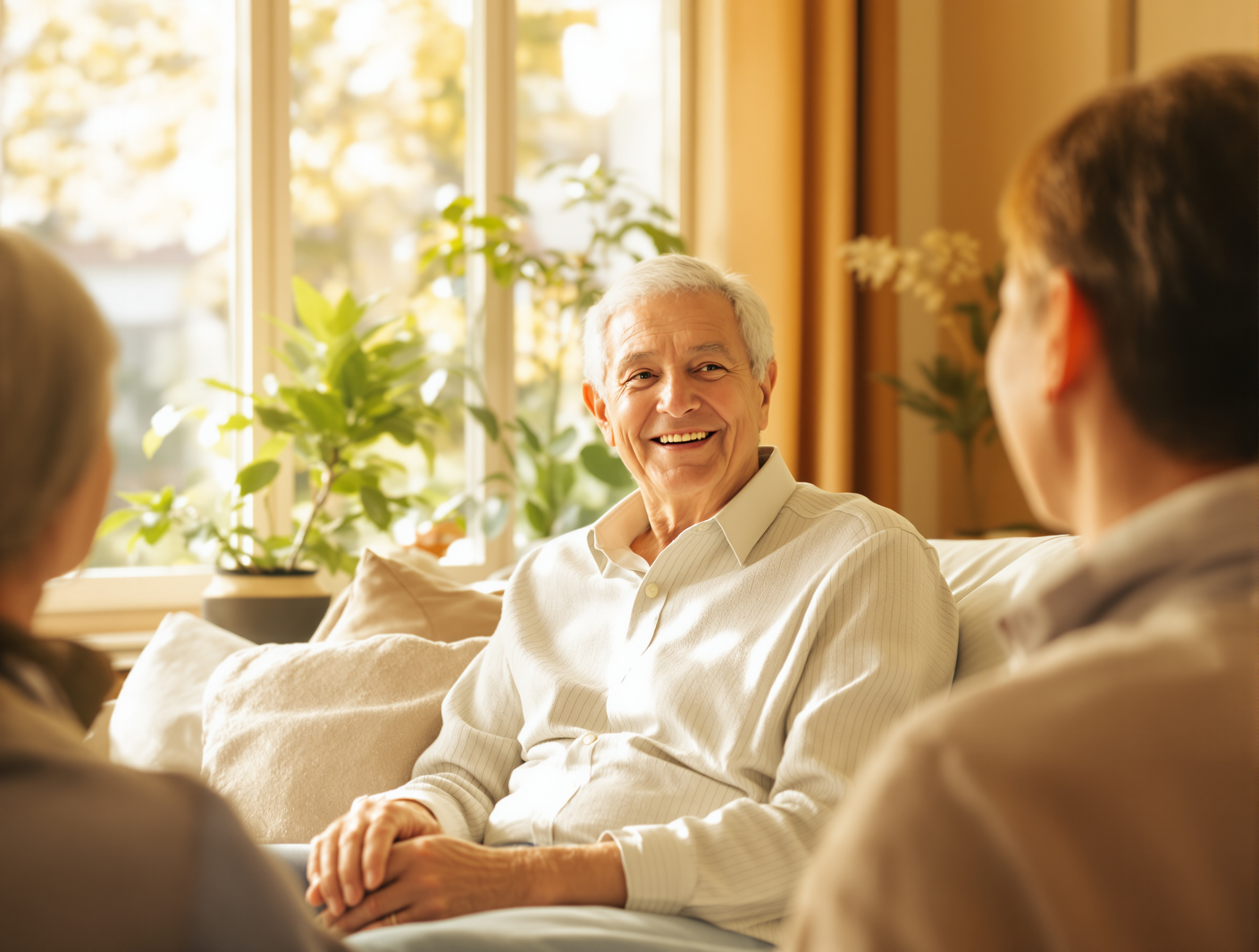 Bien-être mental et social après 50 ans, personne senior entourée d'amis dans un salon lumineux