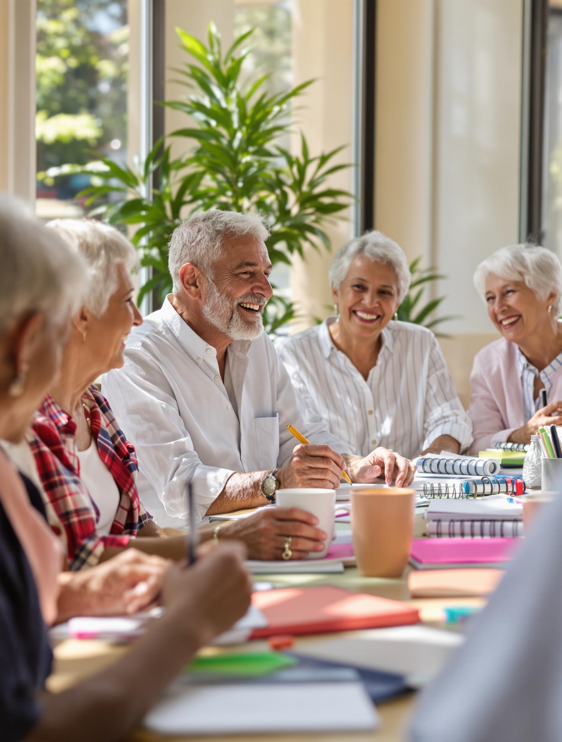 Seniors partageant un carnet d'habitudes dans une ambiance conviviale pour le bien-être mental