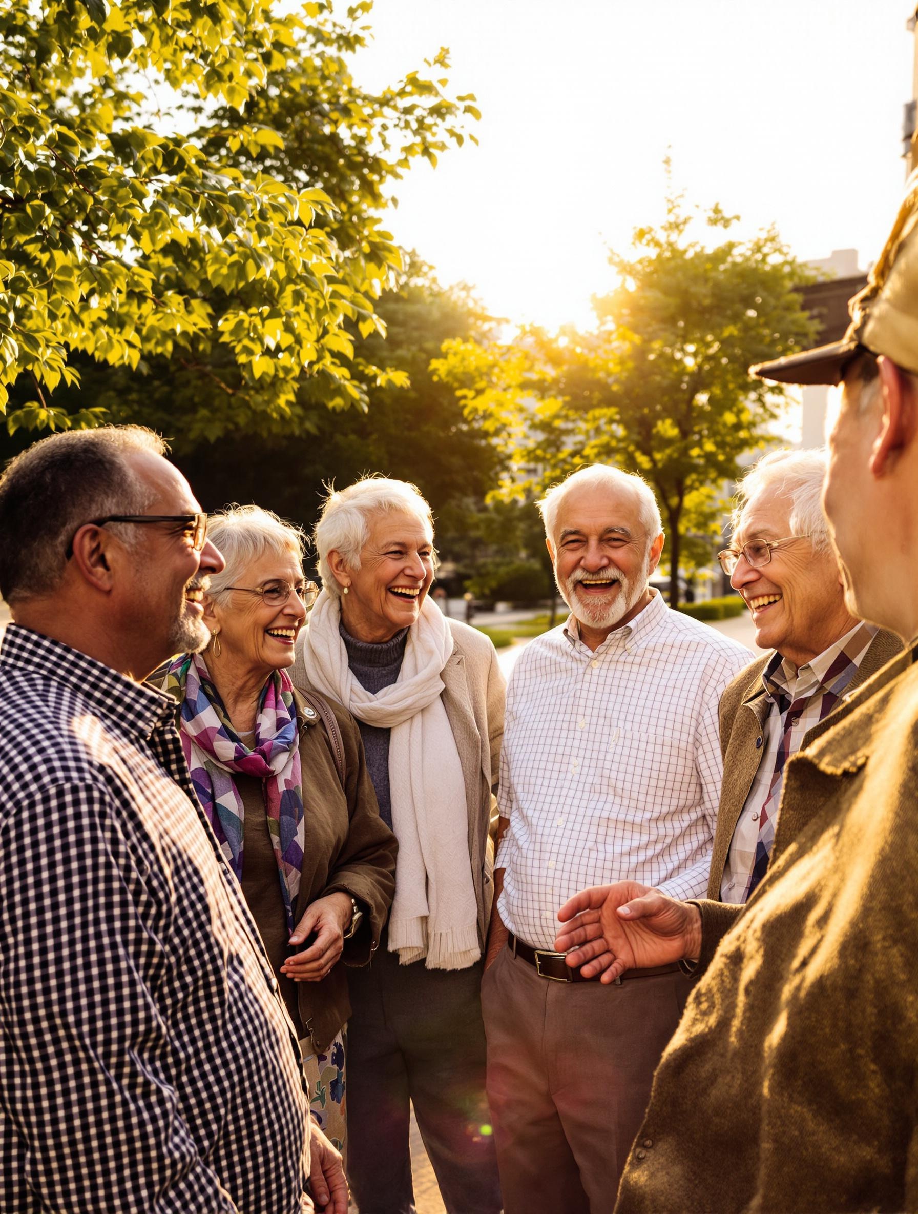 Groupe de seniors dynamiques discutant dans un parc urbain sous une lumière naturelle