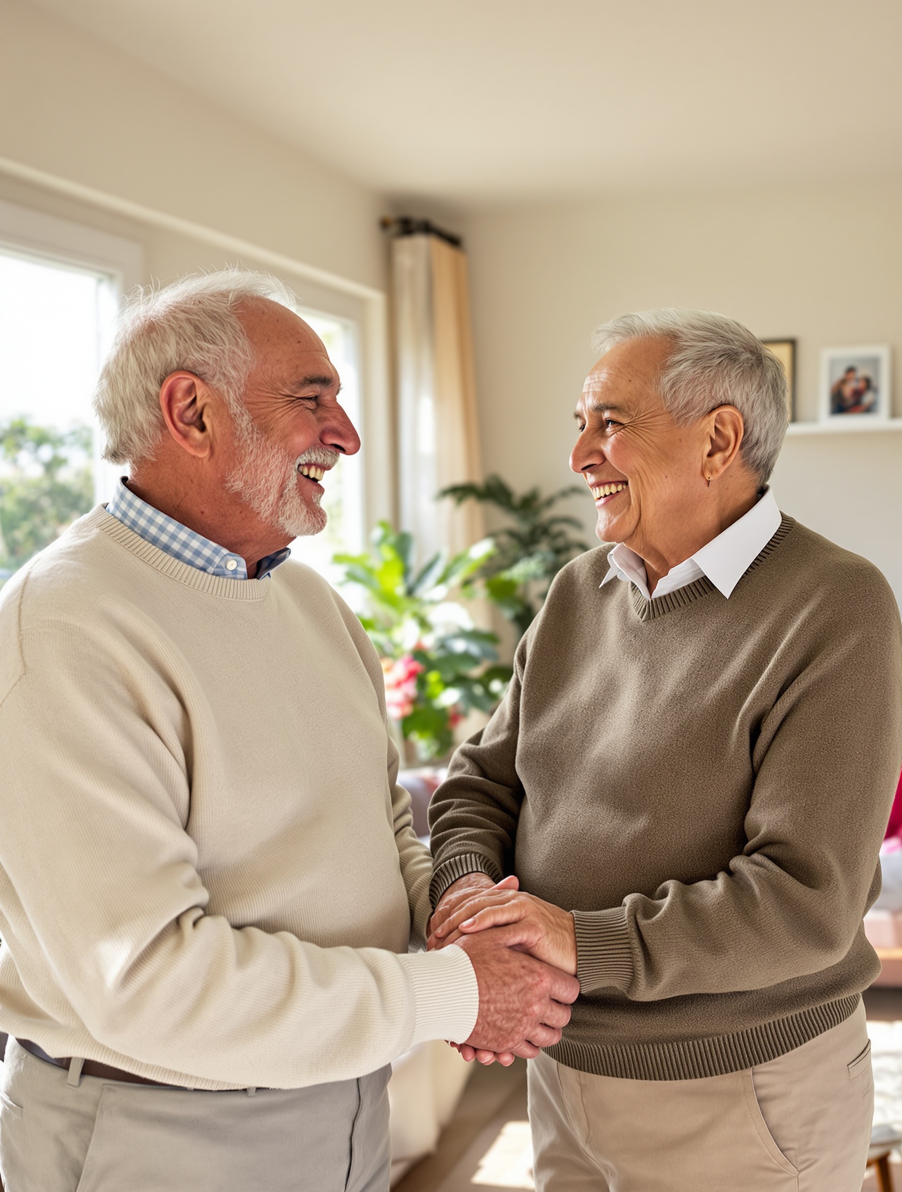 Couple senior complice et rieur dans un salon lumineux
