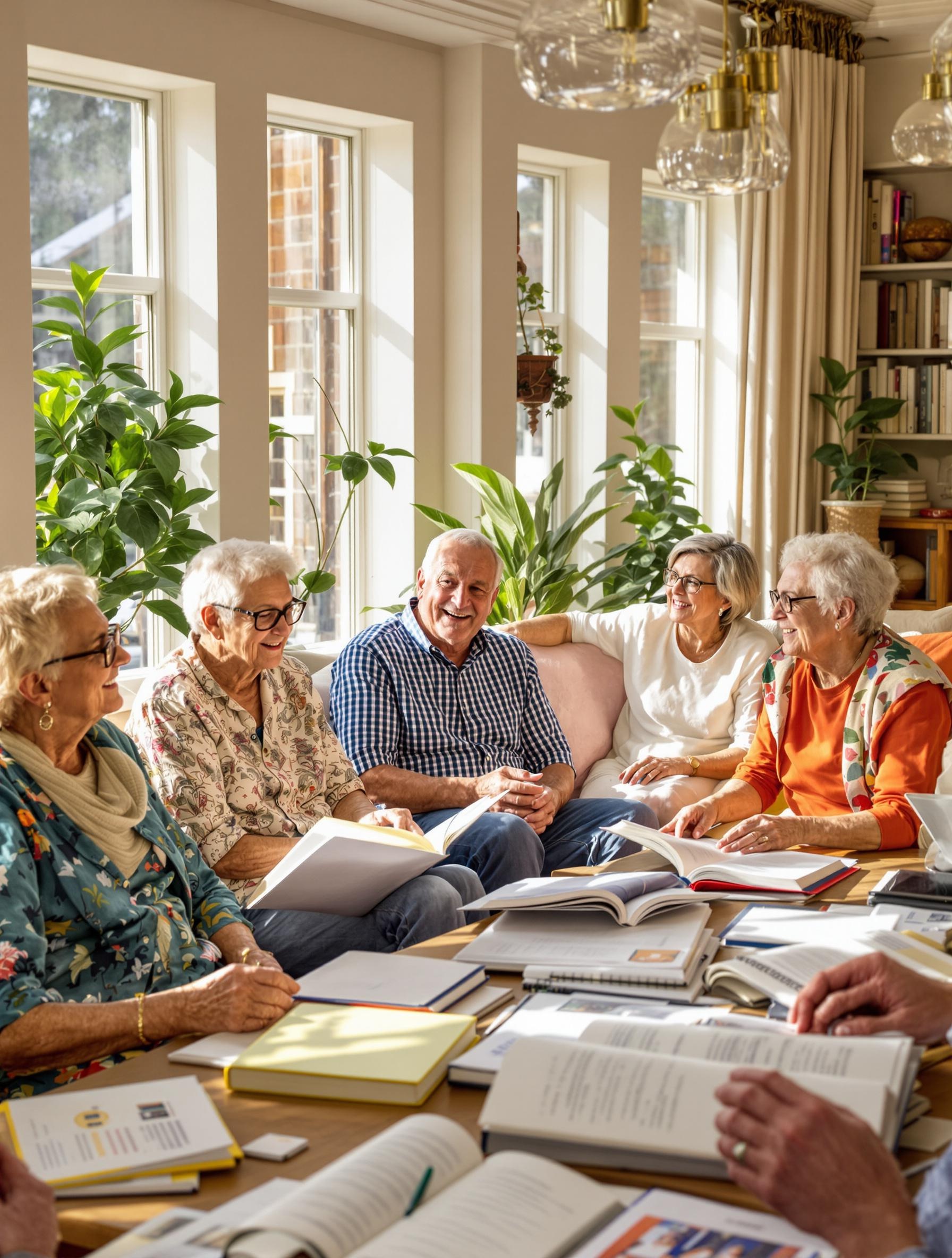 Seniors discutant de projets de retraite dans un salon lumineux avec des carnets ouverts