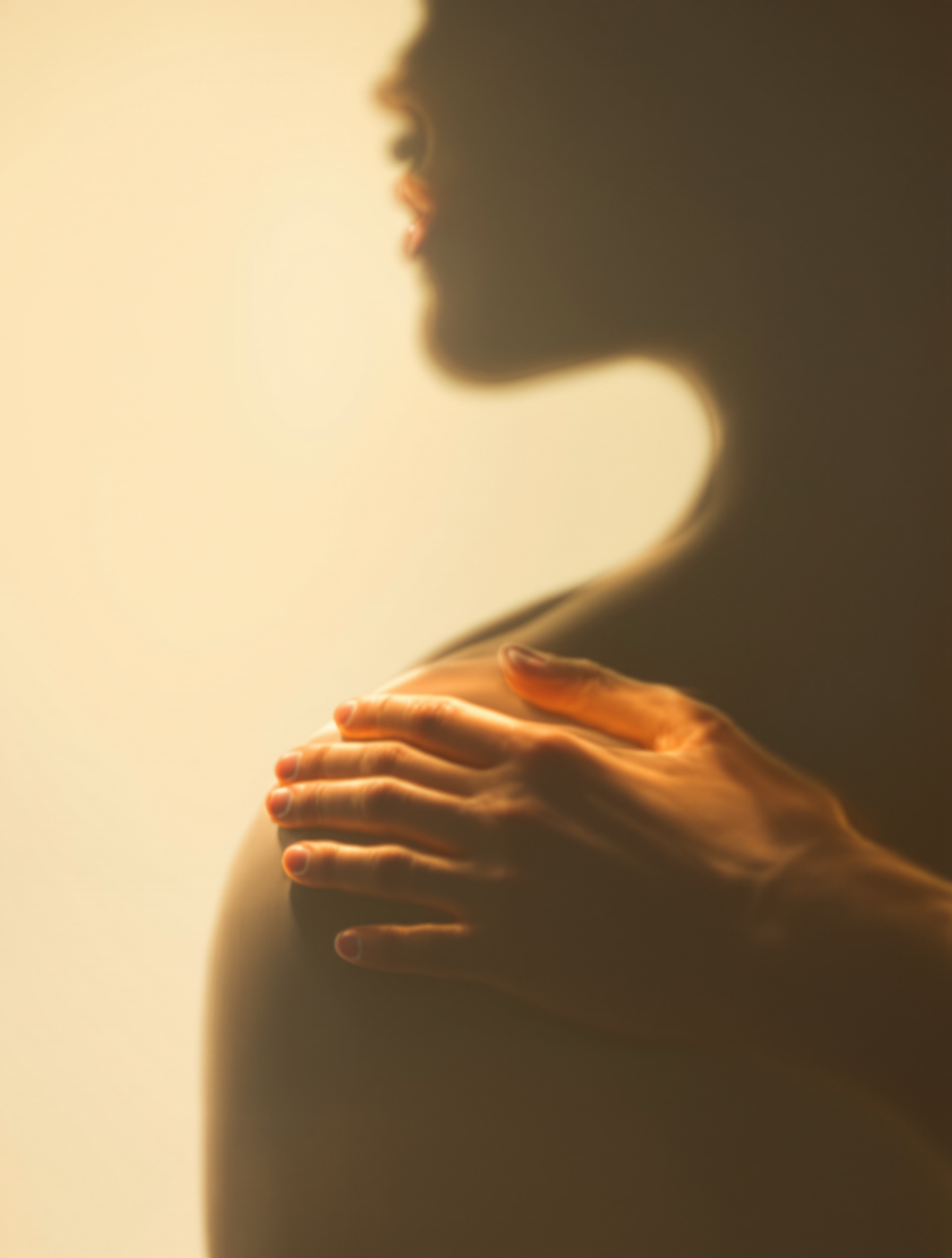 Silhouette humaine stylisée, main posée sur l’épaule, lumière douce sur le cou et le bras, illustrant l’importance d’écouter les signaux de son corps.