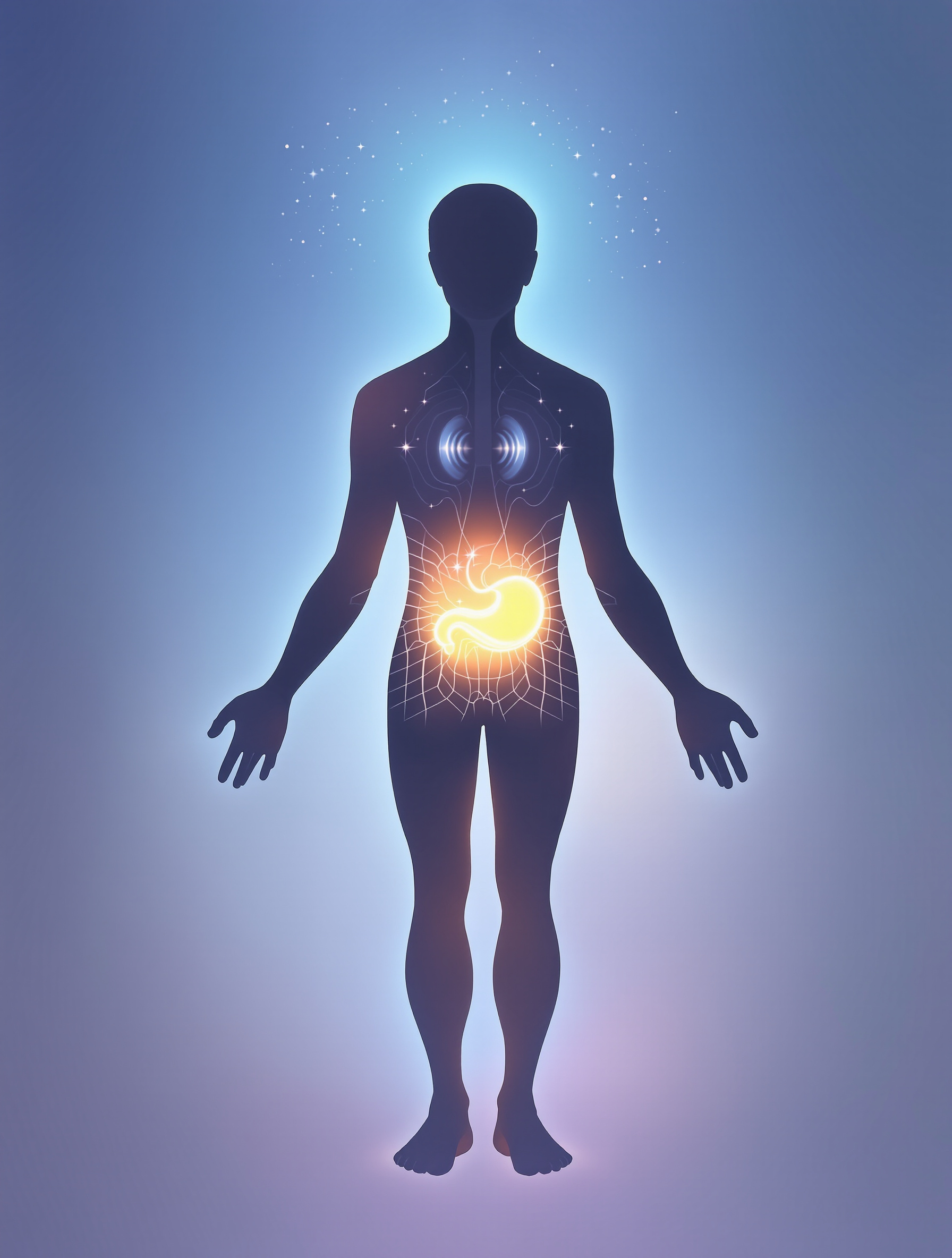 Silhouette humaine en écoute intérieure, des ondes colorées partent du ventre pour illustrer l'intestin comme centre émotionnel.