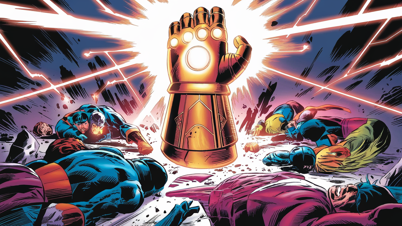 Splash page montrant la Gemme blanche irradiant au centre du Gant de l’Infini, entourée d’Avengers terrassés