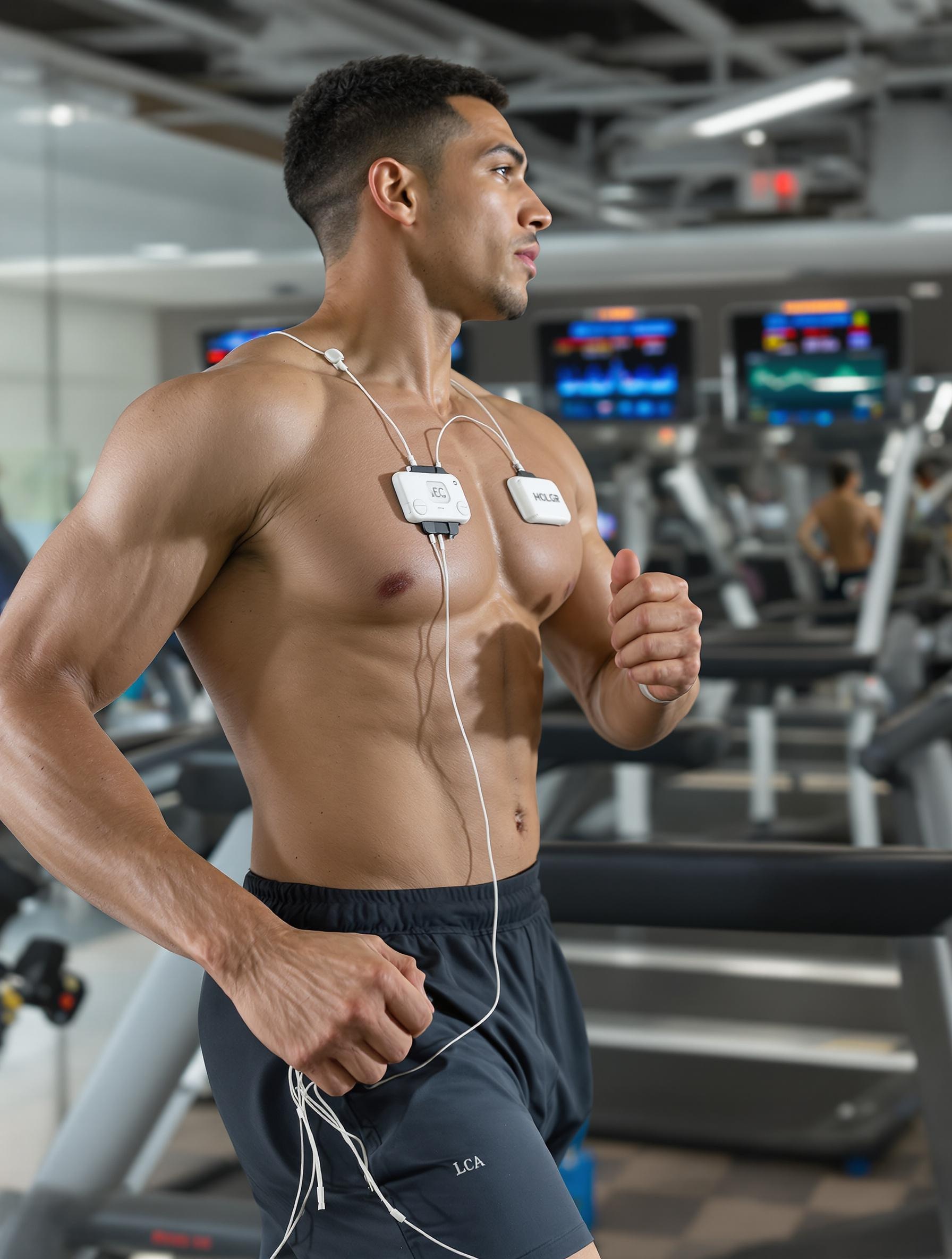 Sportif sur tapis de course avec un Holter ECG longue durée, électrodes visibles et tableau de bord en arrière-plan