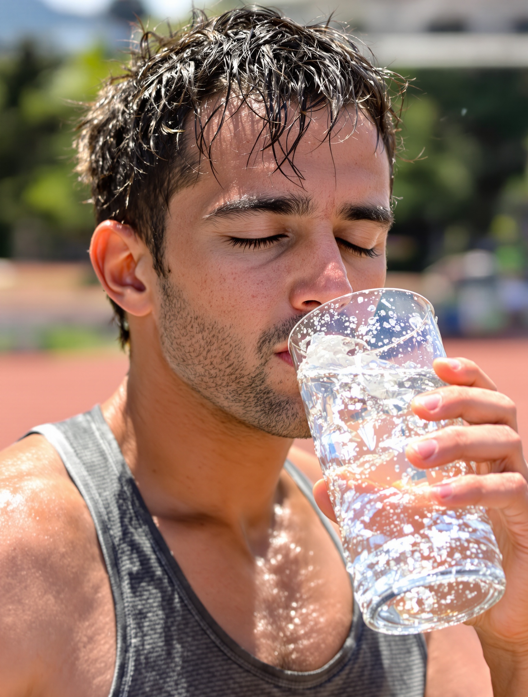 Sportif récupérant avec un verre d'eau pétillante