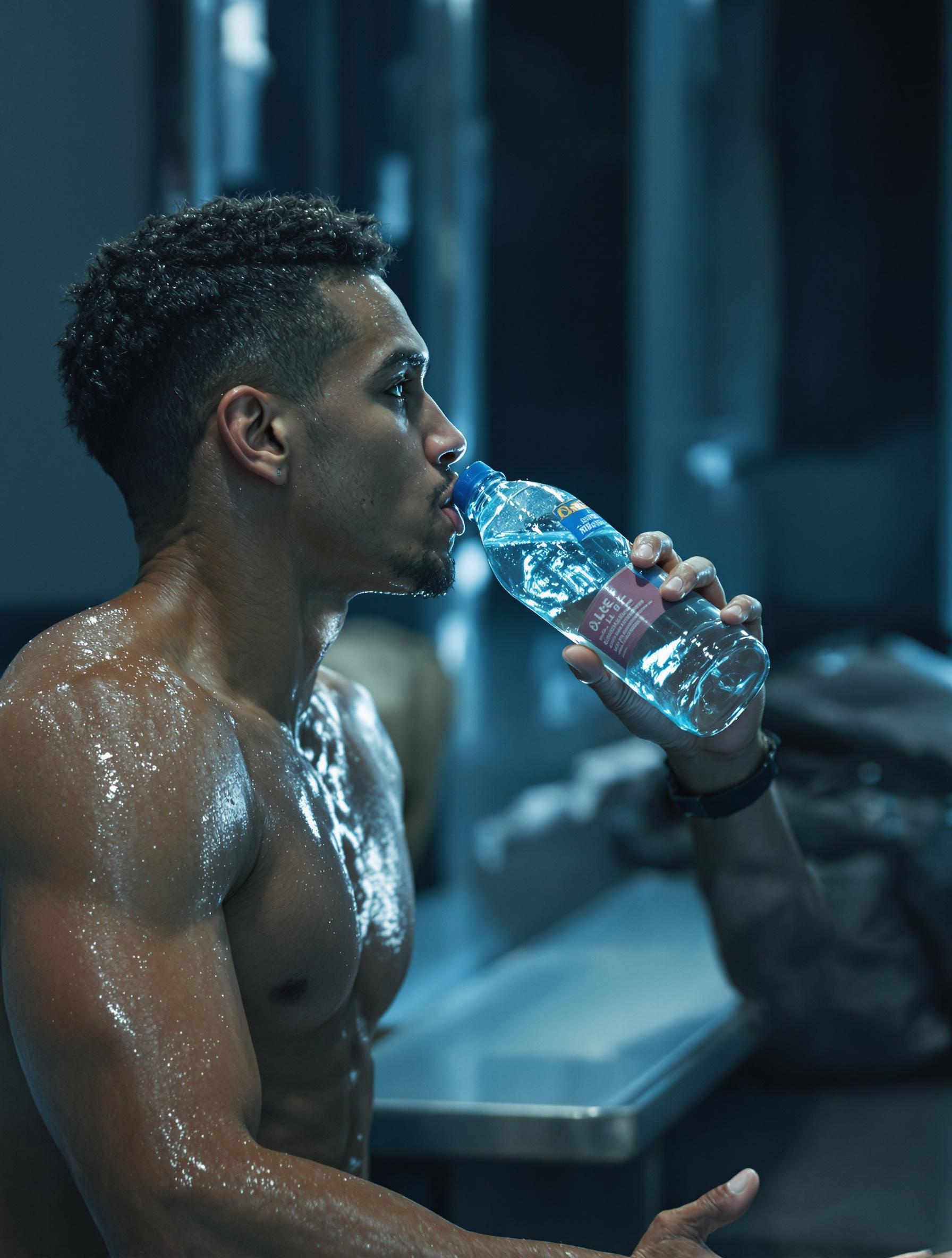 Un sportif assis dans les vestiaires, buvant une bouteille de Badoit bien fraîche avant une session d'entraînement.