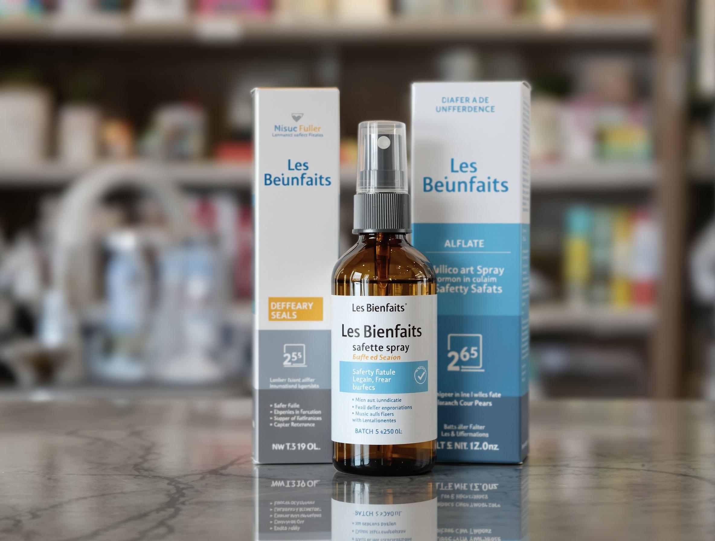 Spray Les Bienfaits avec scellé intact, référence batch visible sur un comptoir de pharmacie