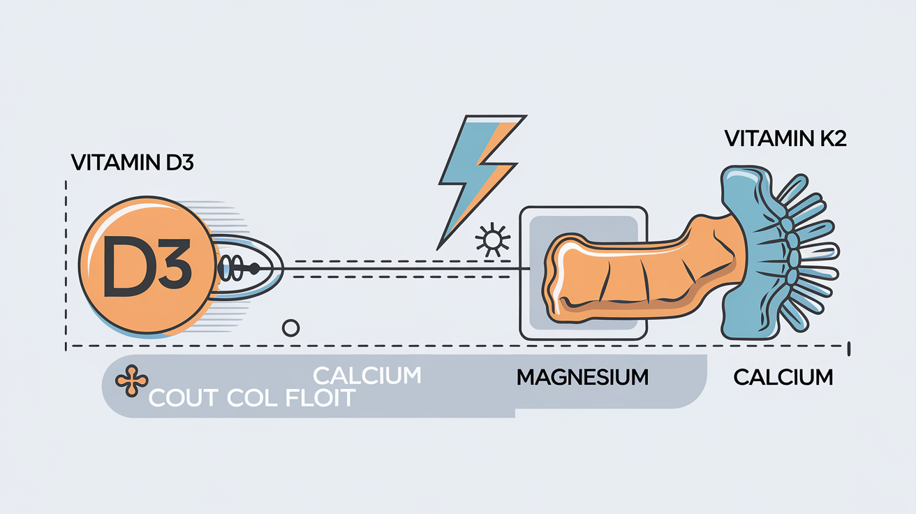 Diagramme synergie Vitamine D3, Magnésium et Vitamine K2 pour optimiser l’utilisation du calcium.