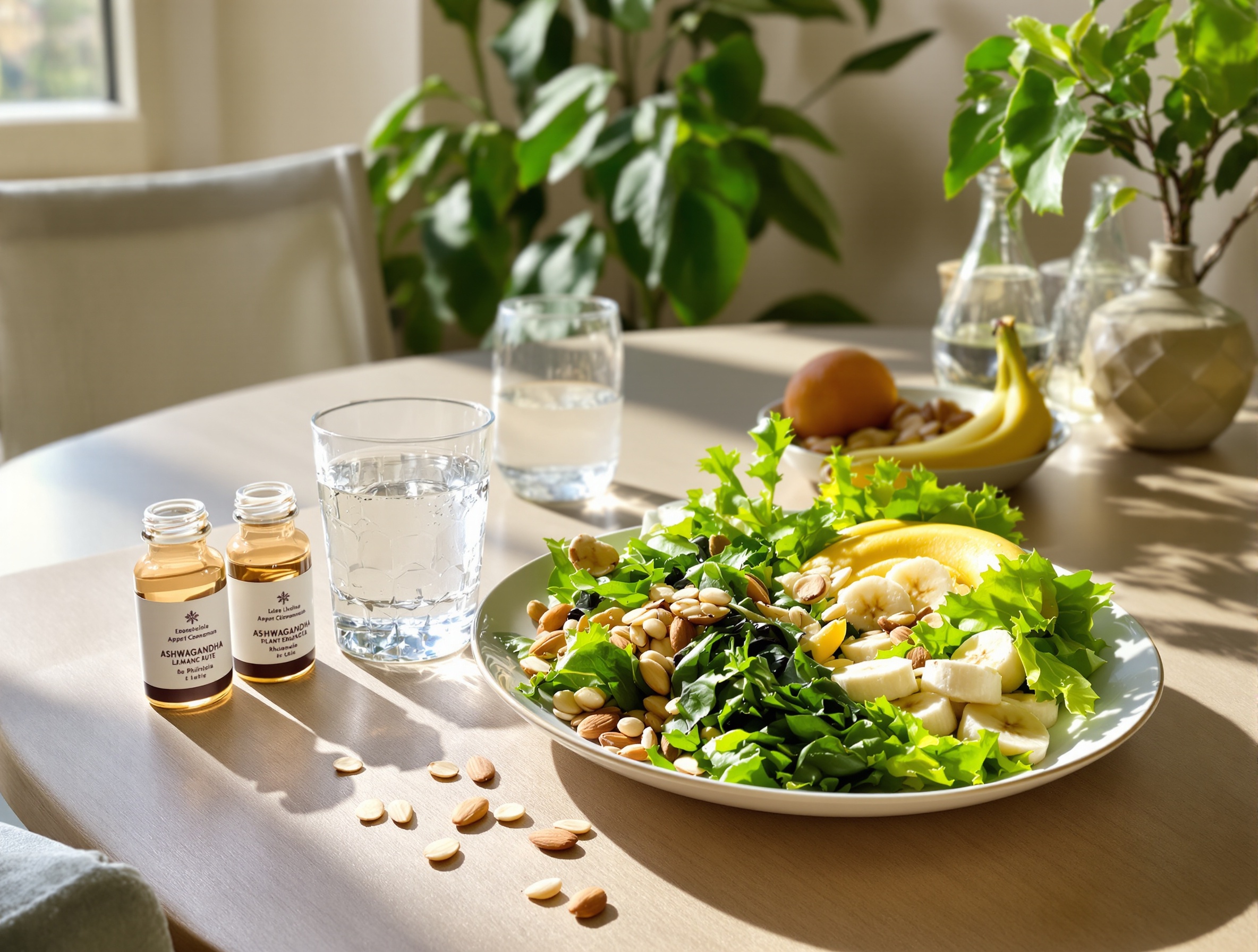 Assiette riche en aliments anti-fasciculations avec eau et plantes adaptogènes