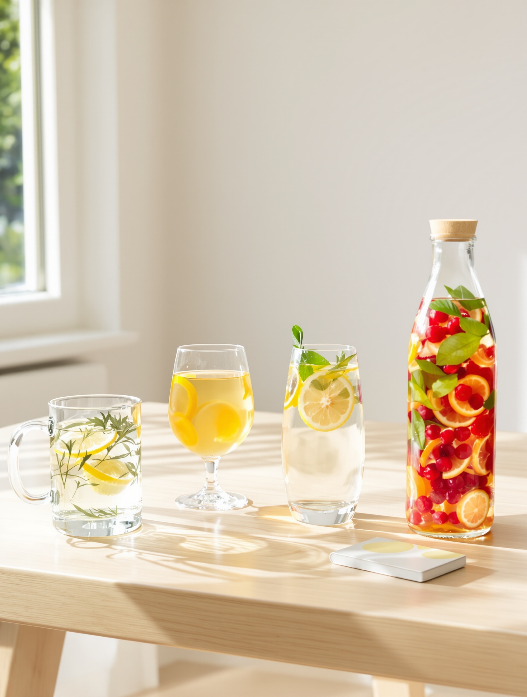 Verres sur une table : infusion drainante, citron-gingembre, thé vert glacé agrumes, eau infusée fruits et herbes.