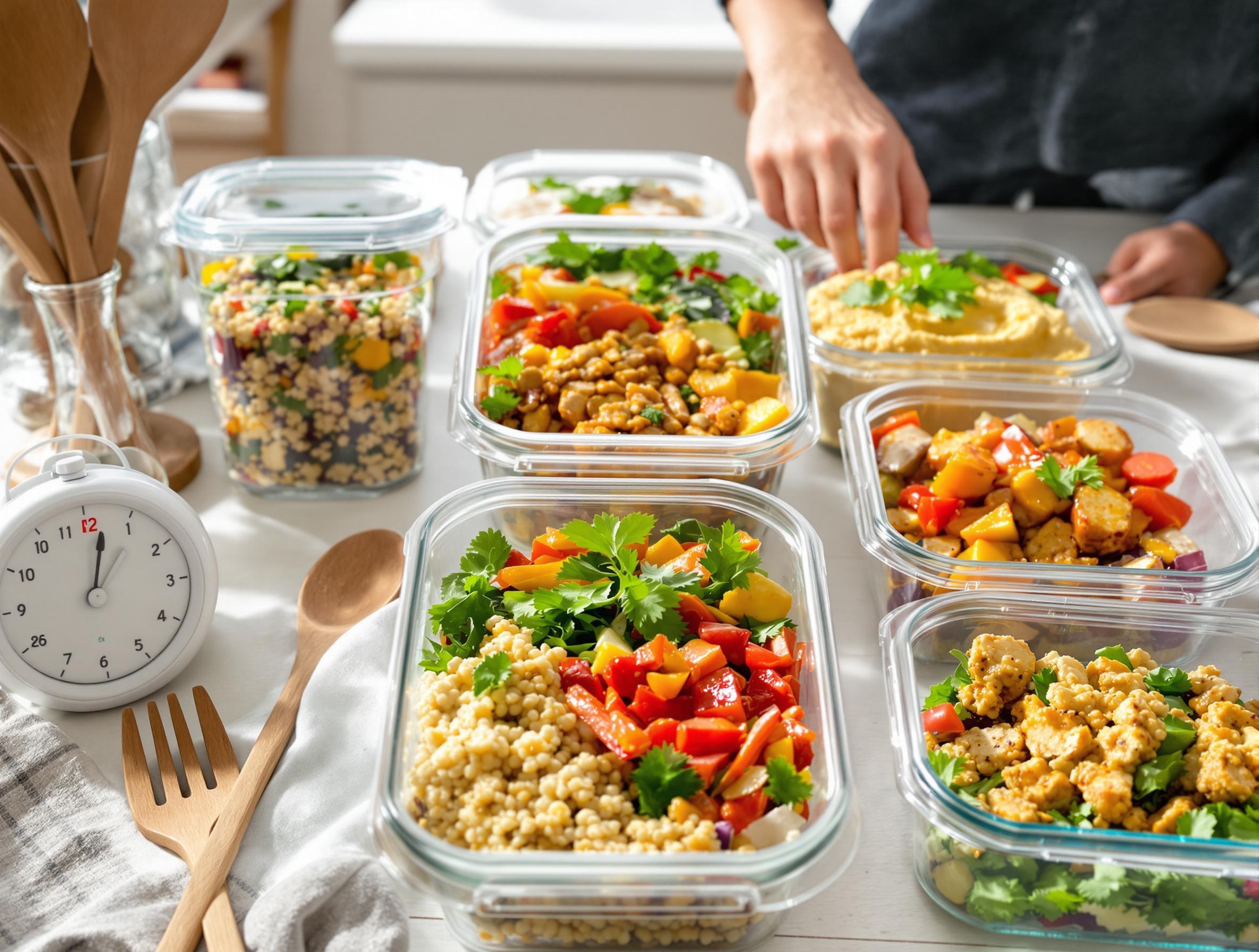 Batch cooking vegan familial rapide avec boîtes en verre, quinoa, tofu, houmous et légumes