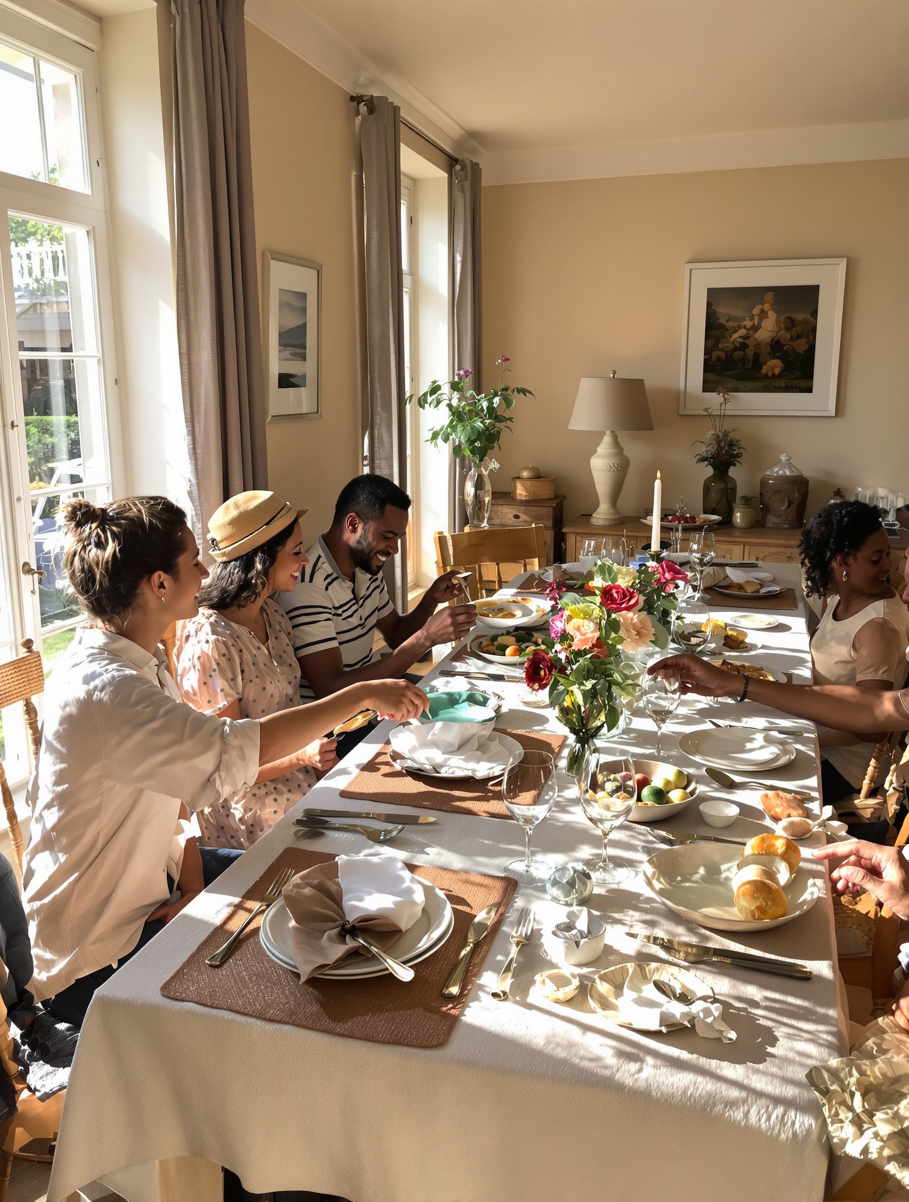 Une table de salle à manger joliment dressée, où une famille partage un repas convivial, sans aucun appareil électronique visible.