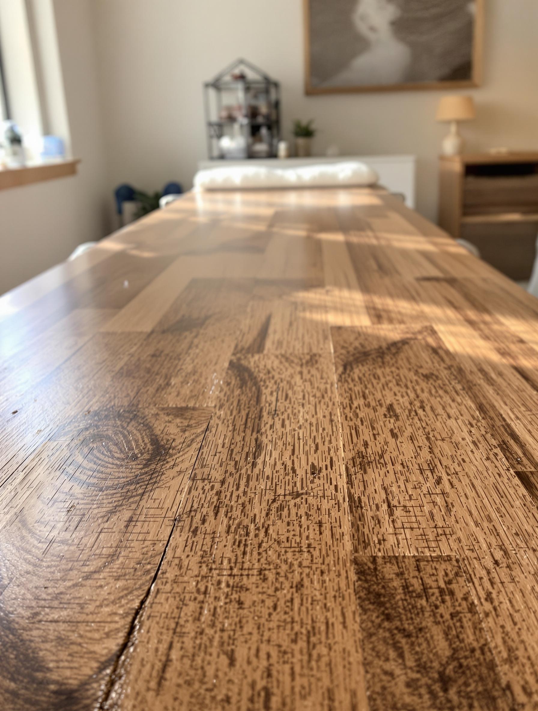 Table de massage en bois massif centenaire restauré, grain et patine visibles