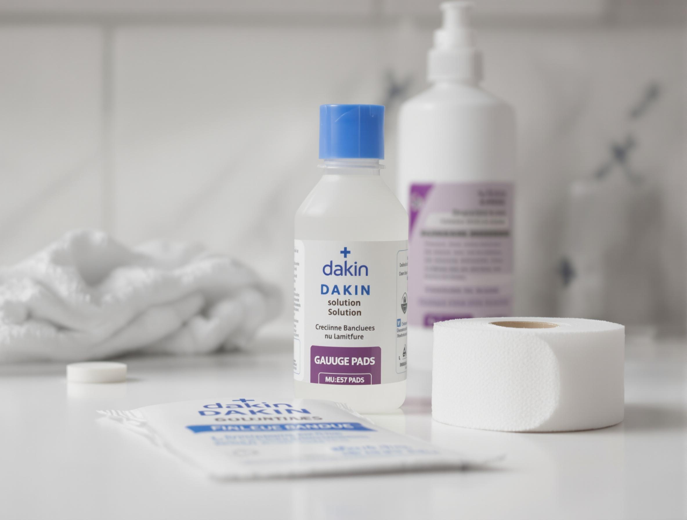 Matériel pour soins post-opératoires ongle incarné : Dakin, compresses stériles, gaze.
