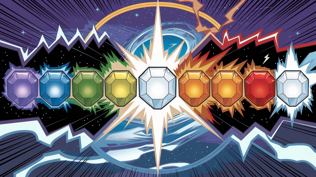 tableau comparatif stylisé des sept gemmes Marvel