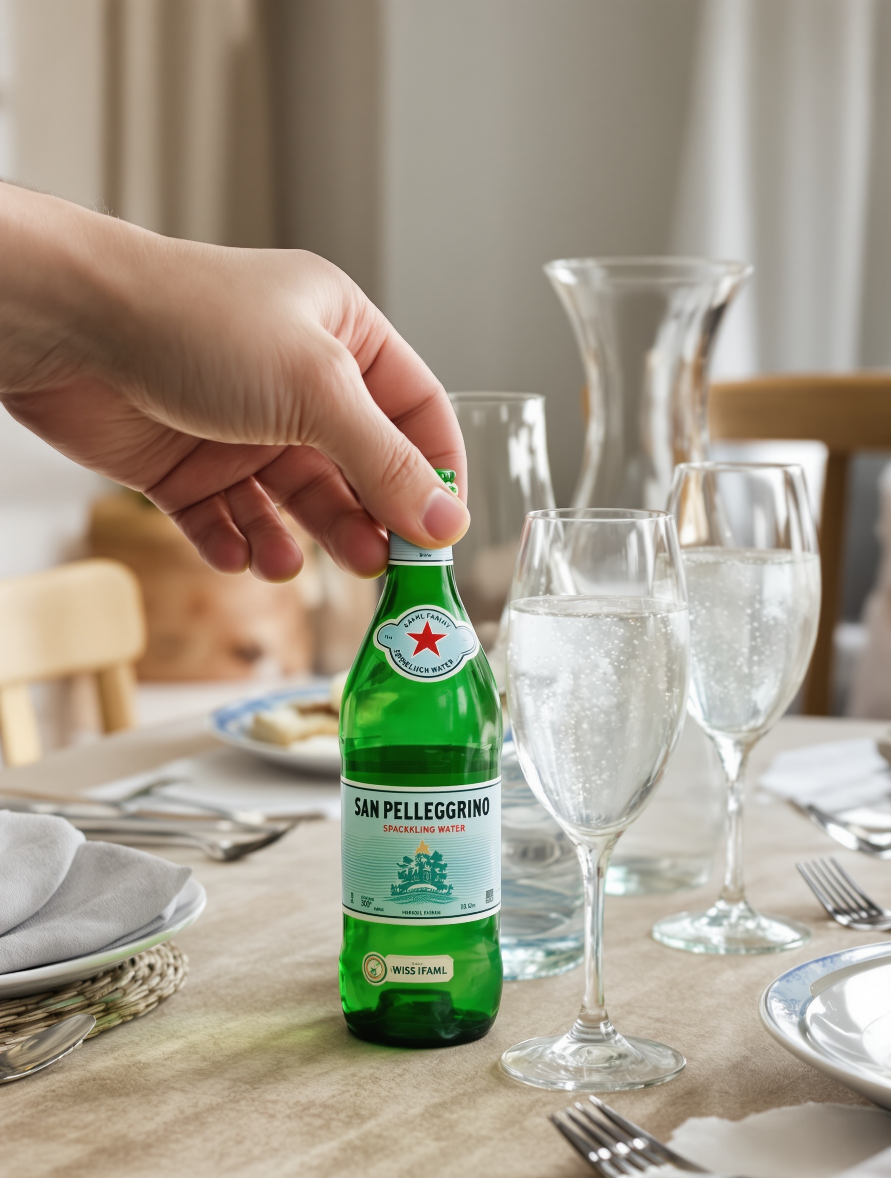Choisir entre eau plate et San Pellegrino à table, main hésitante