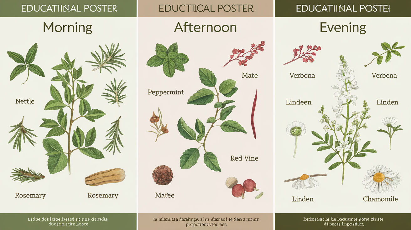 Tableau illustré des infusions du matin, après-midi et soir avec plantes médicinales