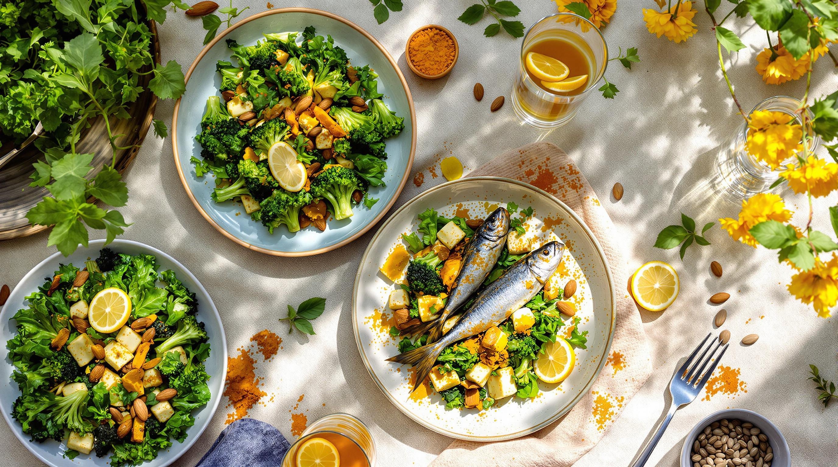 Tableau d’un repas anti-inflammatoire avec calcium végétal, curcuma et poissons gras