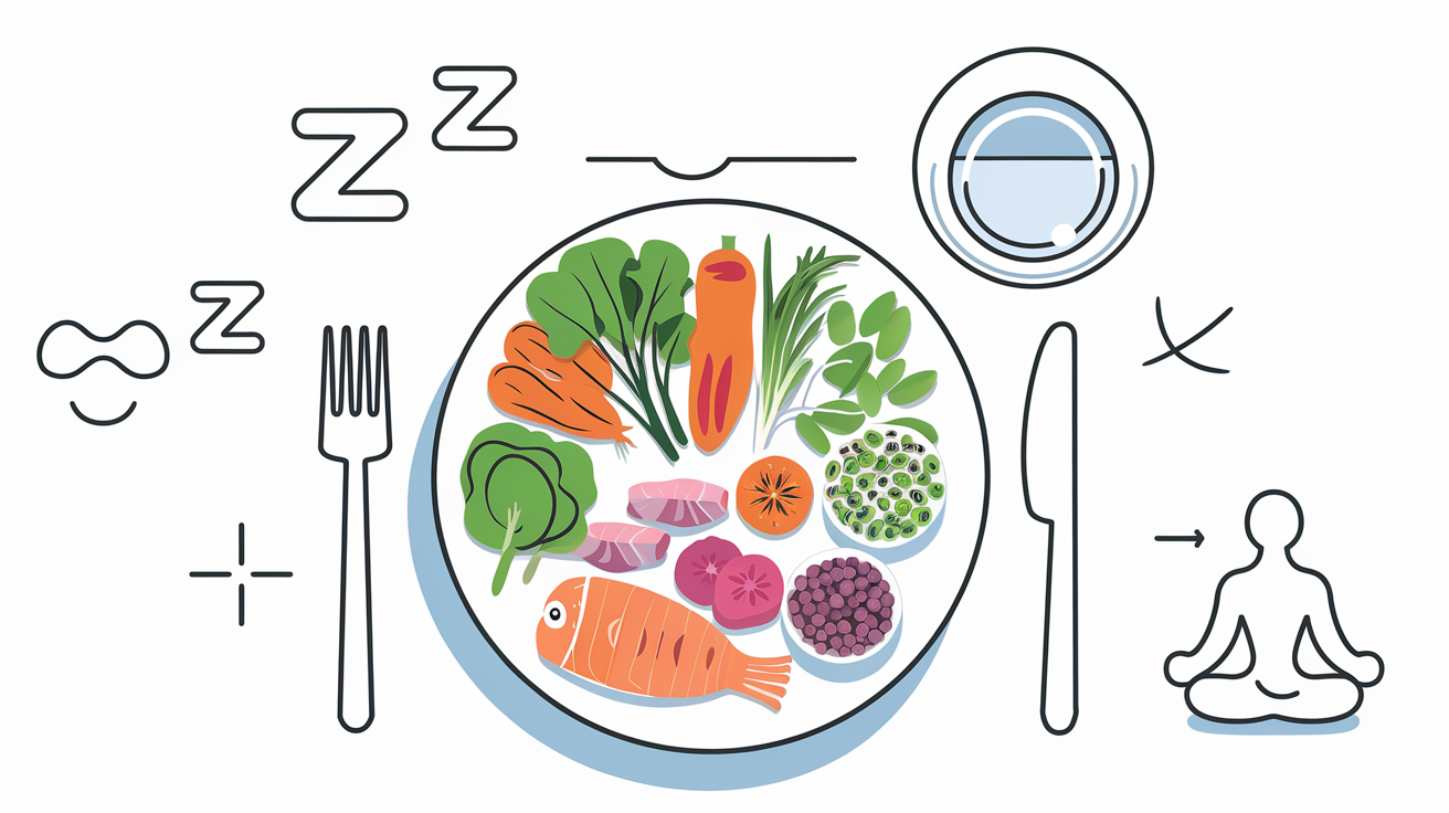Assiette santé féminine avec légumes variés, poissons gras, légumineuses, et icônes de sommeil et méditation