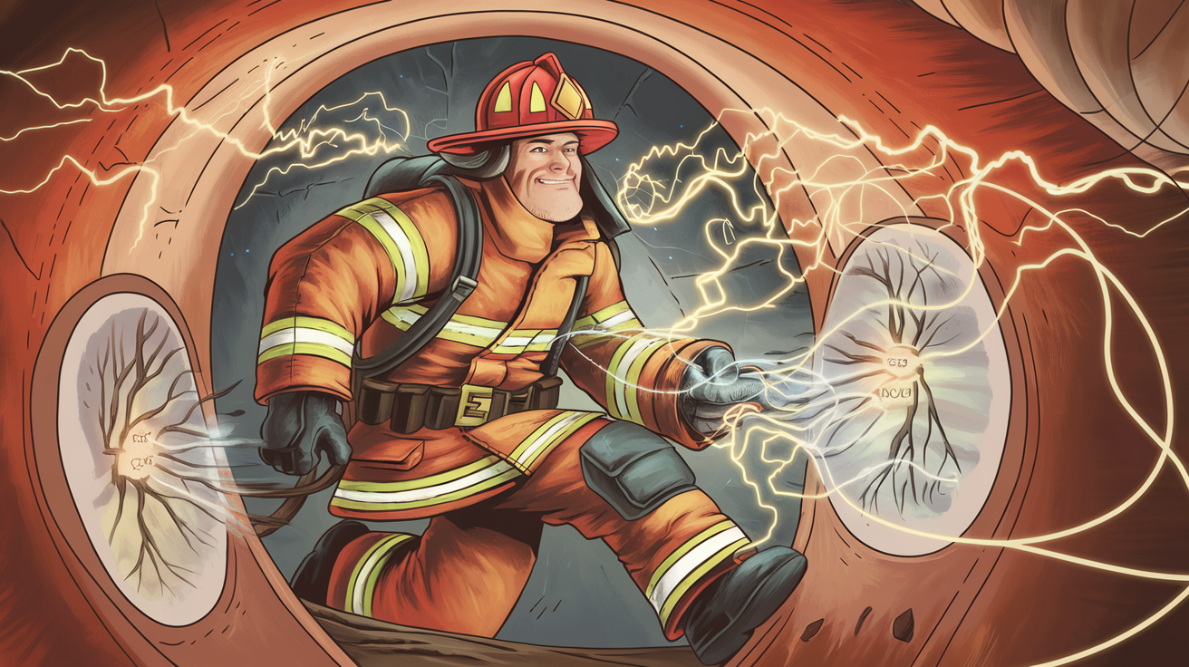 Tanganil personnifié en pompier actif dans le système vestibulaire.