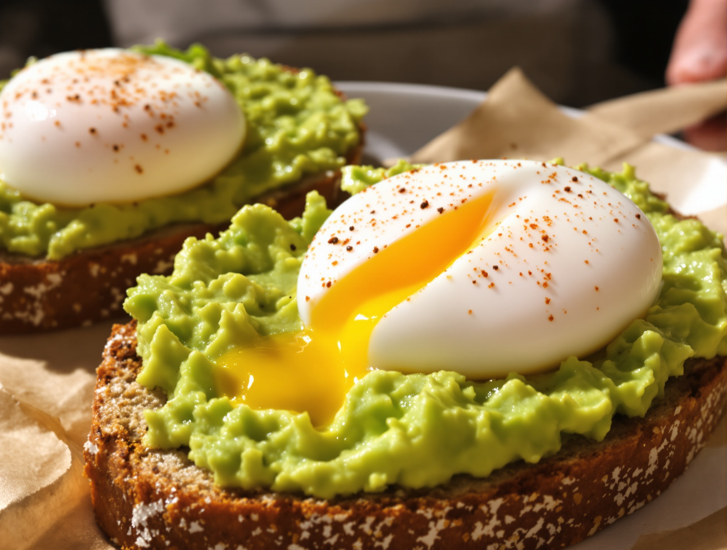 Tartines pain complet avocat œufs pochés piment