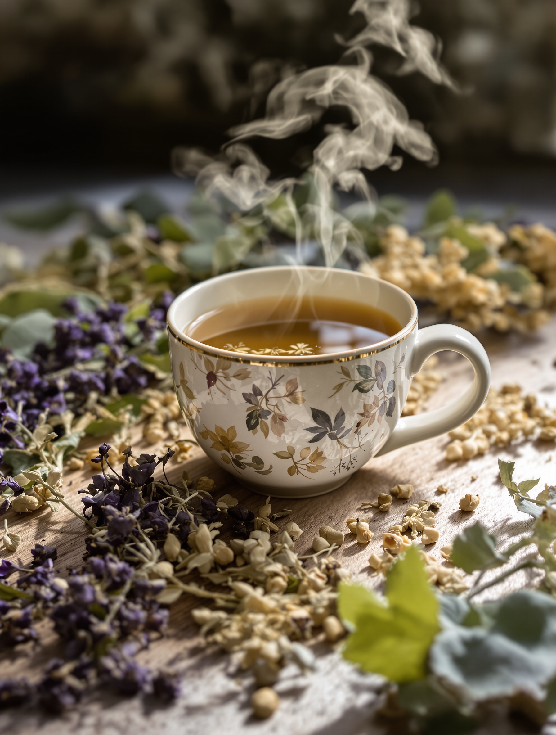 Tisane chaude à la mauve et au bouillon-blanc, ambiance naturopathie