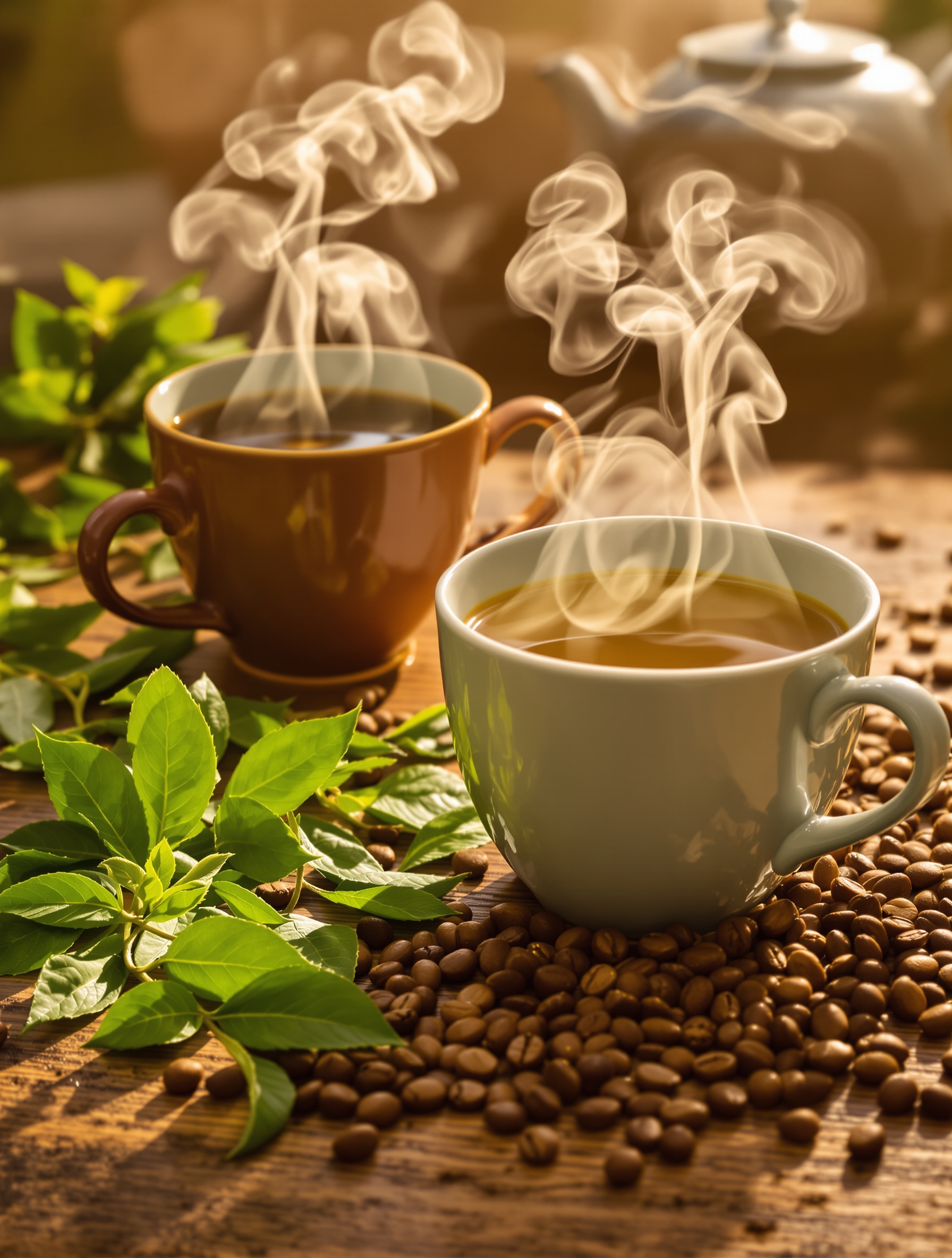Tasses fumantes de café et de thé vert, avec vapeur visible, couleurs vives de feuilles de thé et grains de café