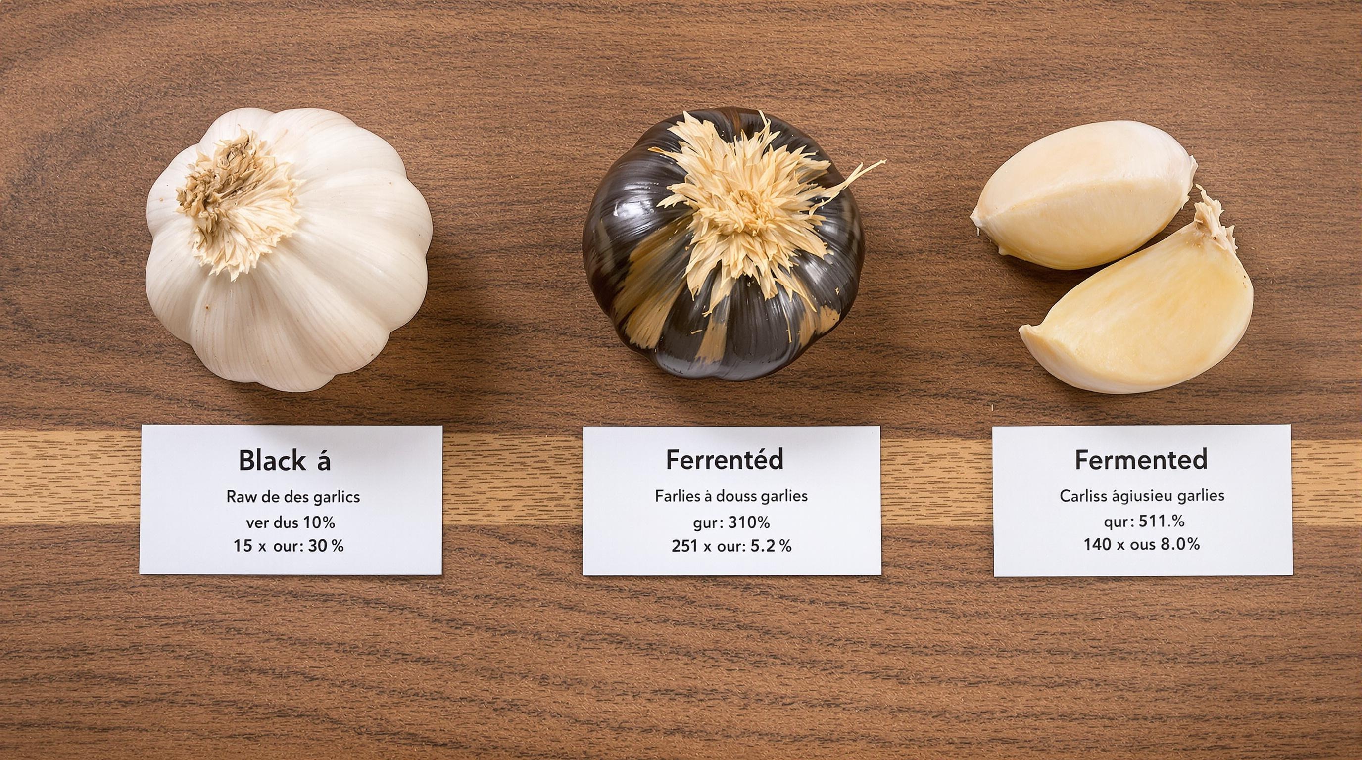 Plateau comparatif montrant ail cru, noir et fermenté.