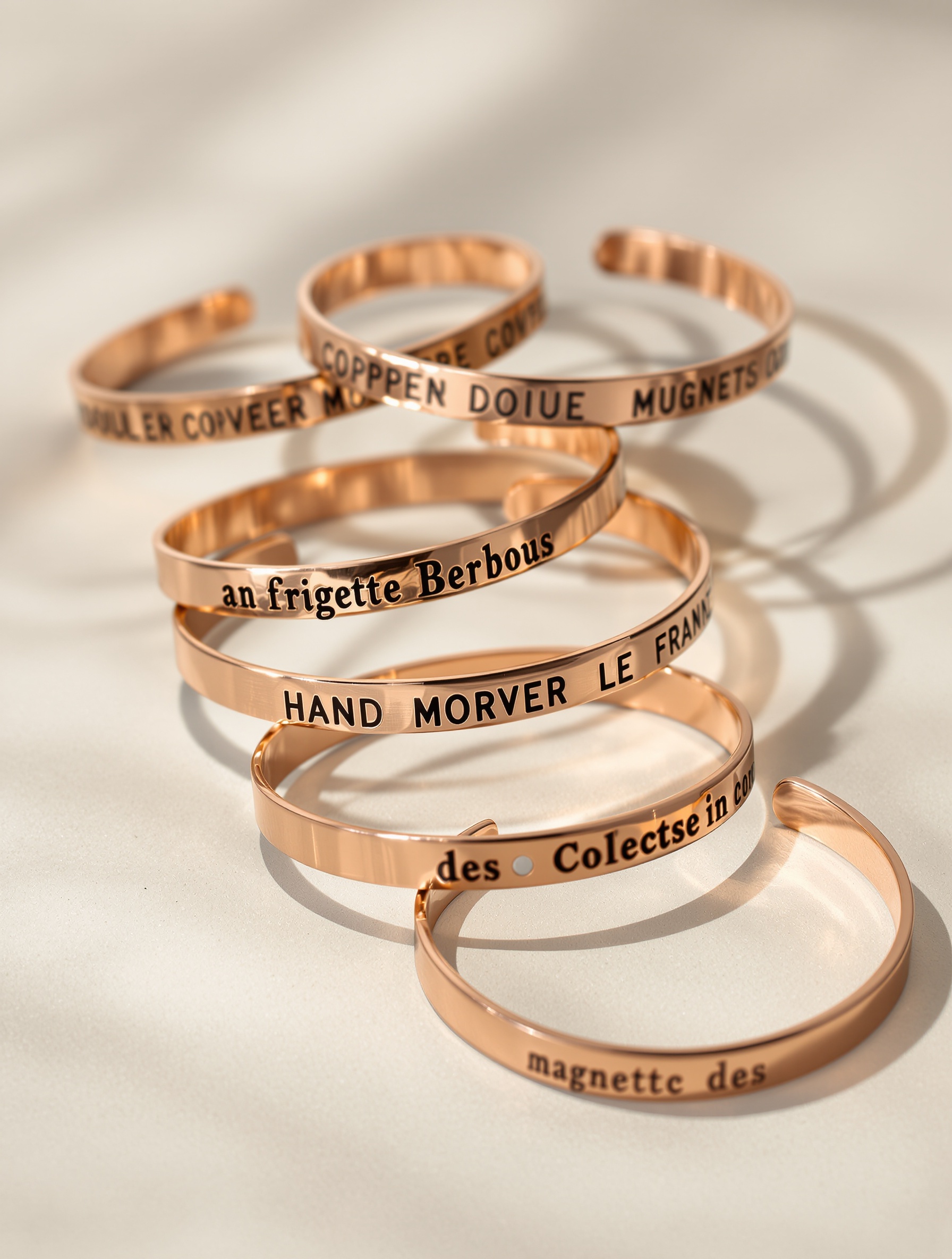 Variété de bracelets en cuivre : du modèle artisanal en cuivre massif aux créations intégrant des aimants, illustrant la diversité des approches pour la santé articulaire